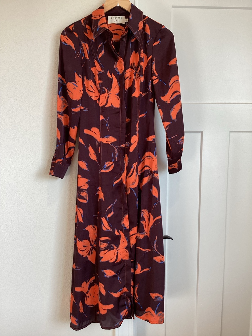 Exquise Long Sleeve Satin Shirt Dress Button Front New XXS Purple Orange Floral - Picture 4 of 13
